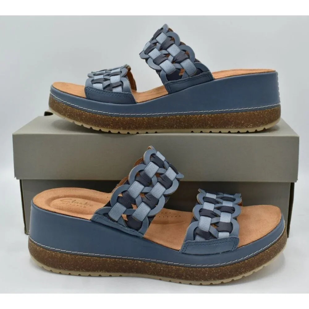 Clarks Women Size 11 Wide Width Kassanda Blue Combi Leather Mules Sandals Shoes‎